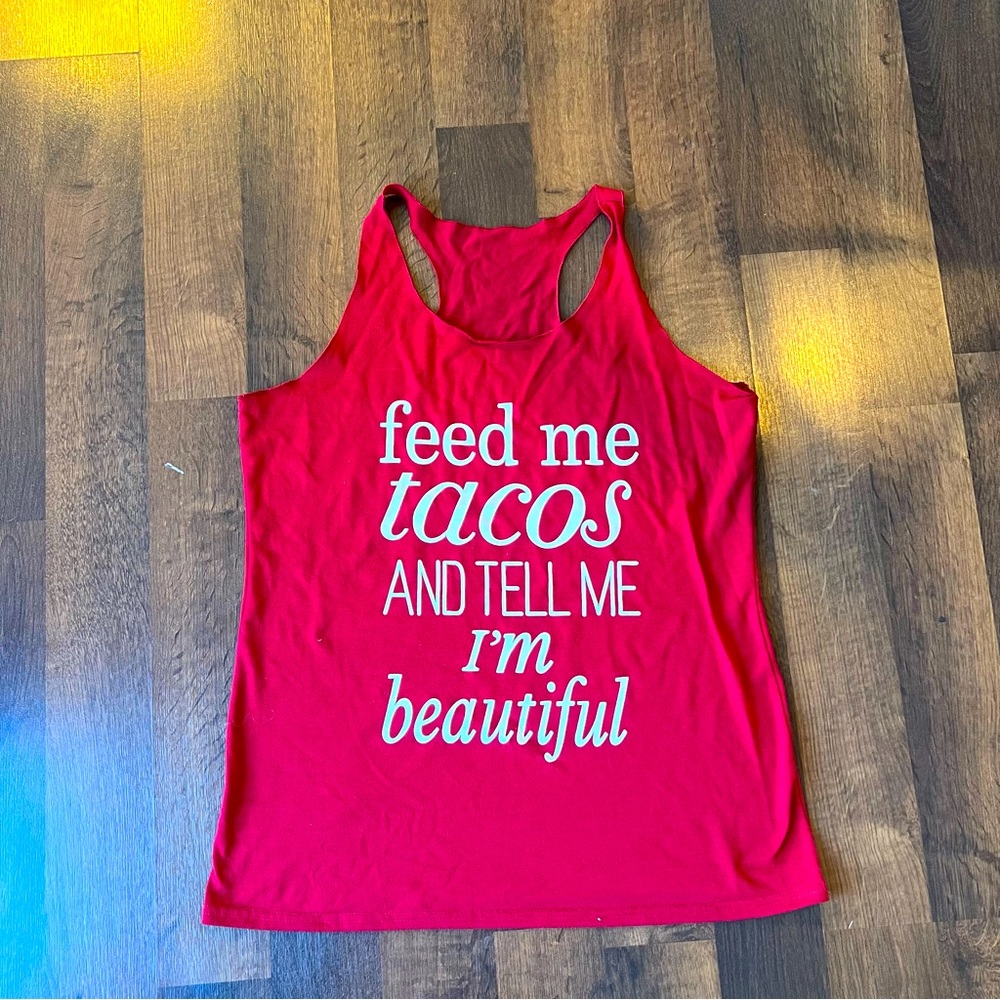 Large red Feed me Tacos tank